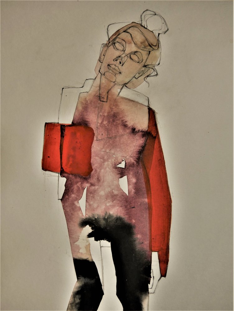 Contemplative Red Woman by Doris Schmitz