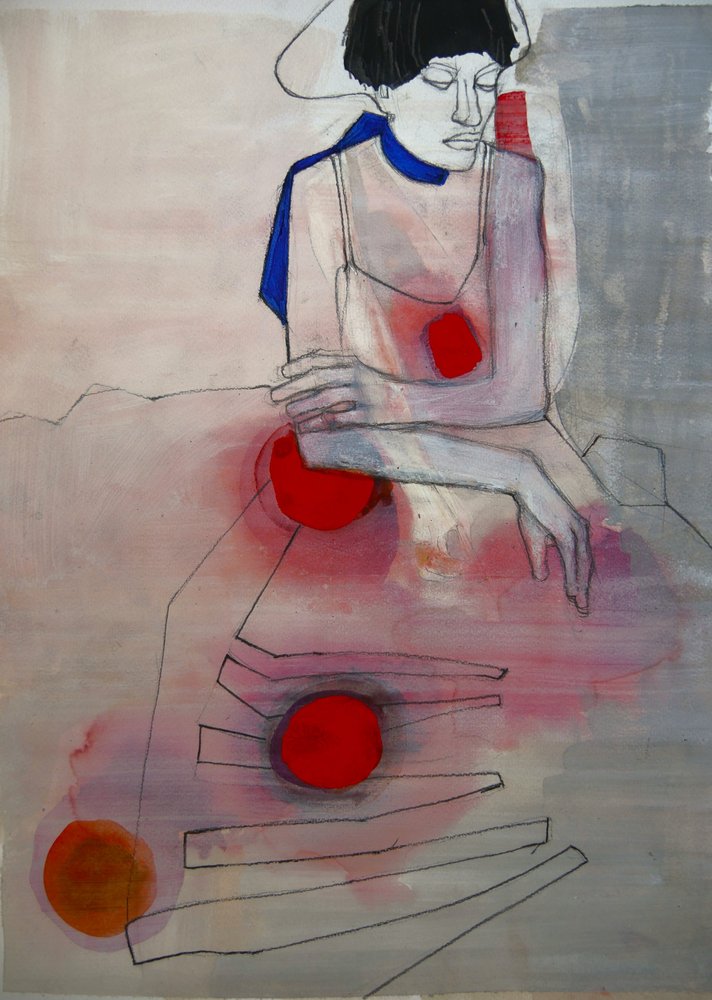 Pensive Woman with Red by Doris Schmitz