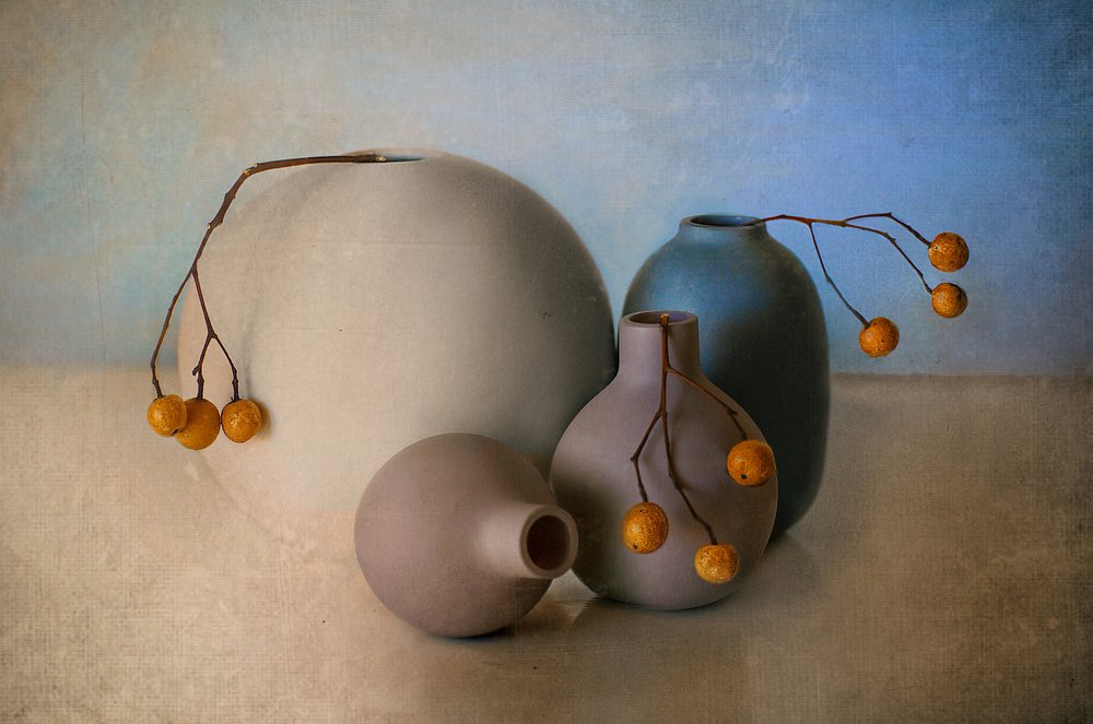 Muted Vases and Berries by Elena Arjona