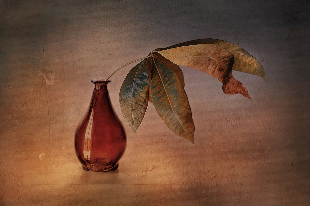 Red Vase Autumn Leaves by Elena Arjona
