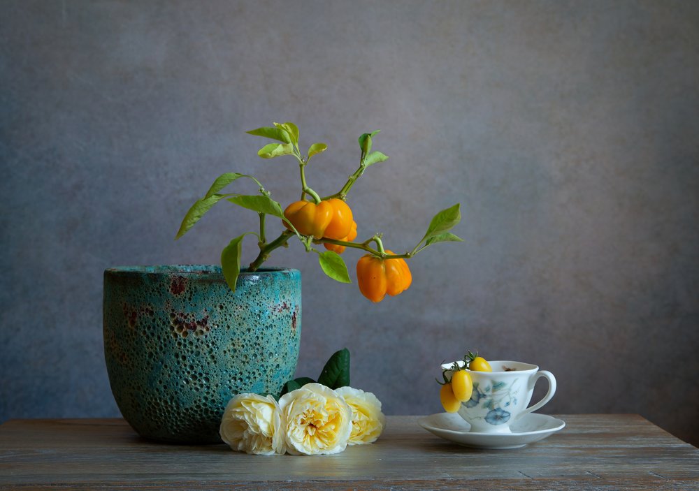 Fresh Peppers and Roses by Fangping Zhou