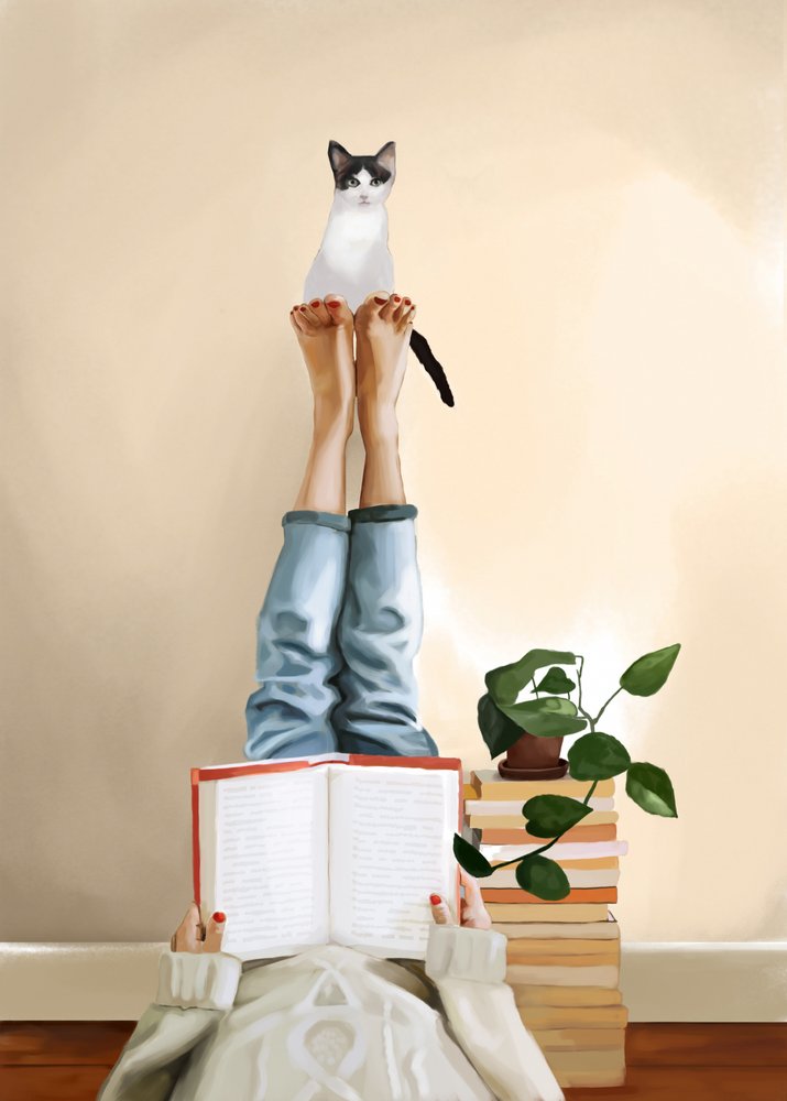 Cozy Cat Reading by Flow Line