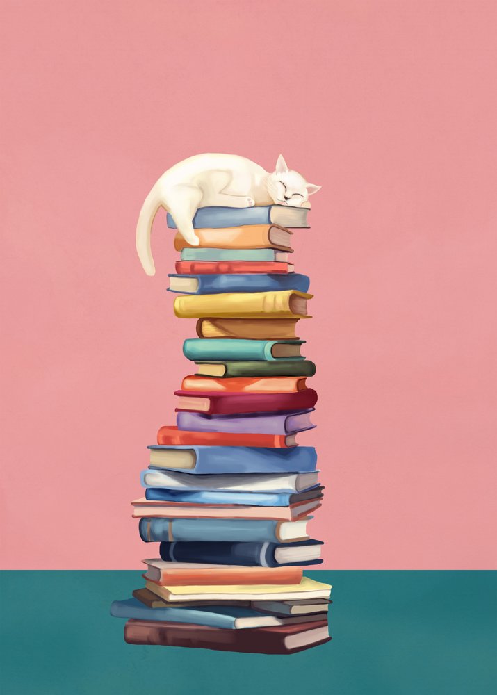 Cozy Cat on Colorful Books by Flow Line