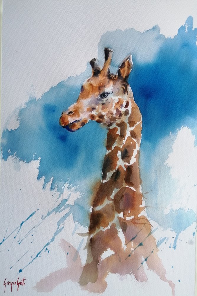 Blue Watercolor Giraffe by Giorgio Gosti