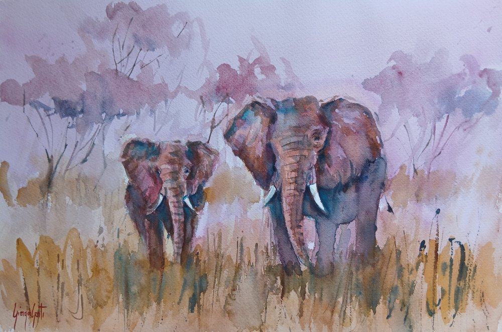 Elephants In Misty Savanna by Giorgio Gosti