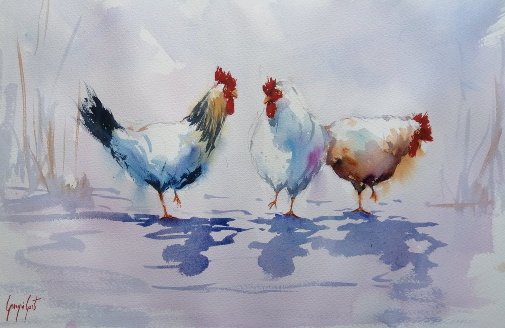 Three Farmyard Chickens by Giorgio Gosti