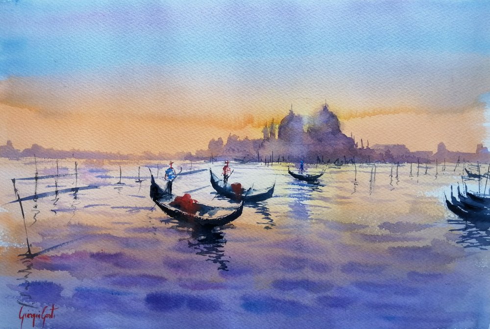 Venetian Gondolas Sunset by Giorgio Gosti