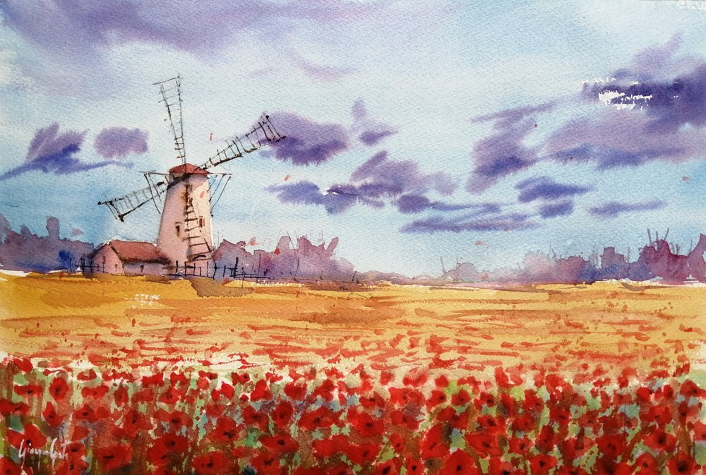 Vibrant Windmill Poppy Field by Giorgio Gosti