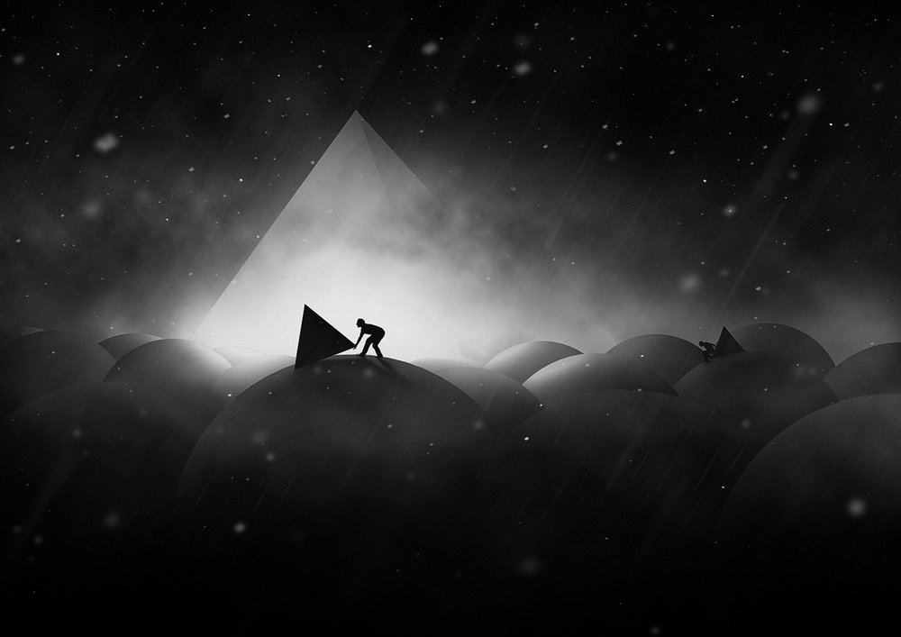 Man Pushing Light Pyramid by Hussain Buhligaha
