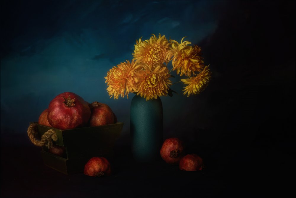 Pomegranates and Golden Mums by John-Mei Zhong