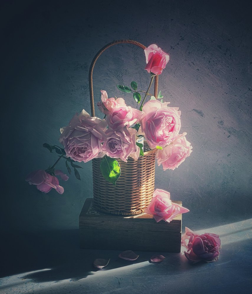 Basket of Pink Roses by Judy Tseng