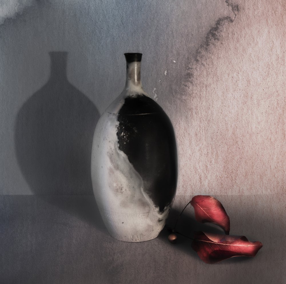 Black Vase Red Leaves by Judy Tseng