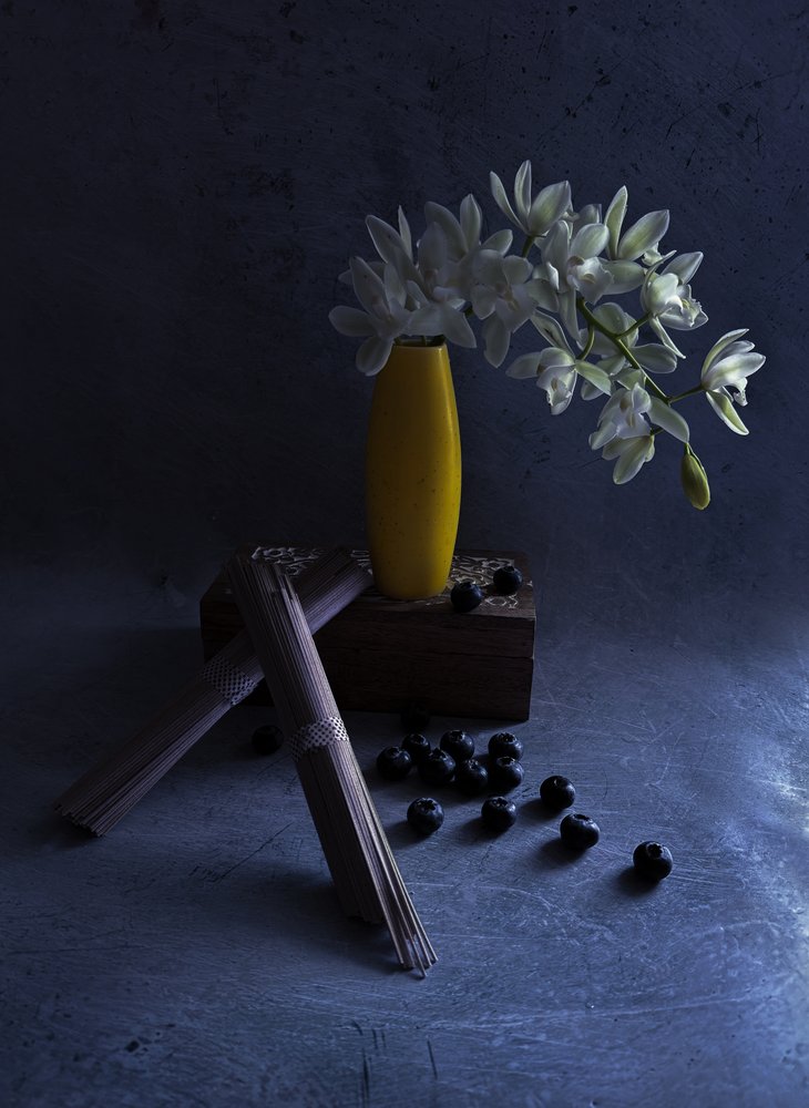 White Orchids Yellow Vase by Judy Tseng