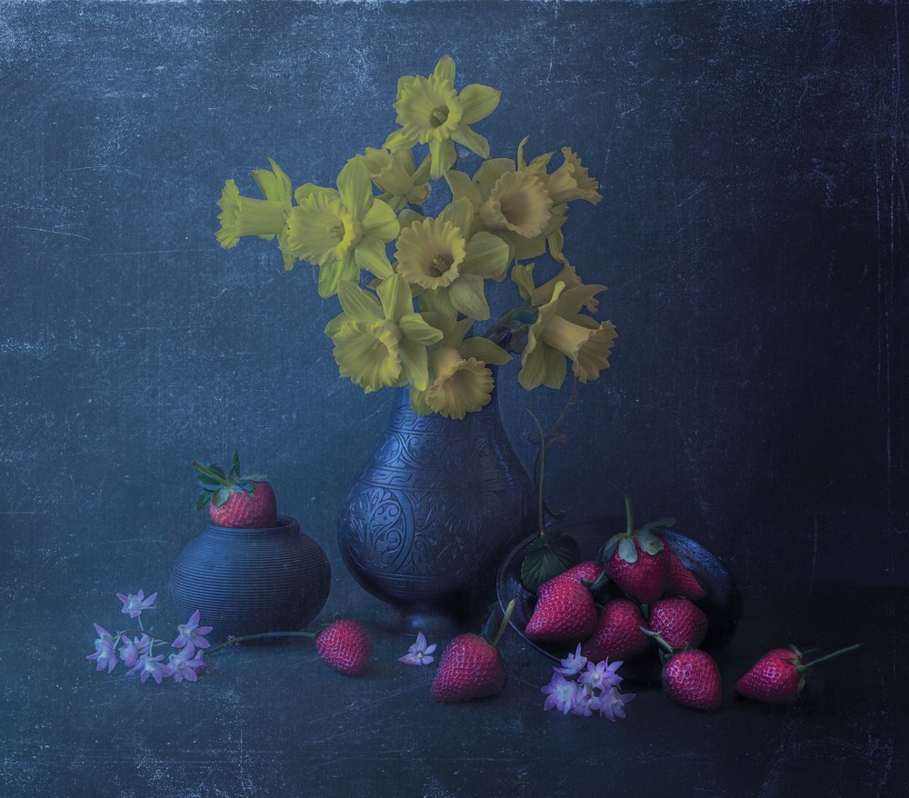 Yellow Daffodils And Strawberries by Judy Tseng