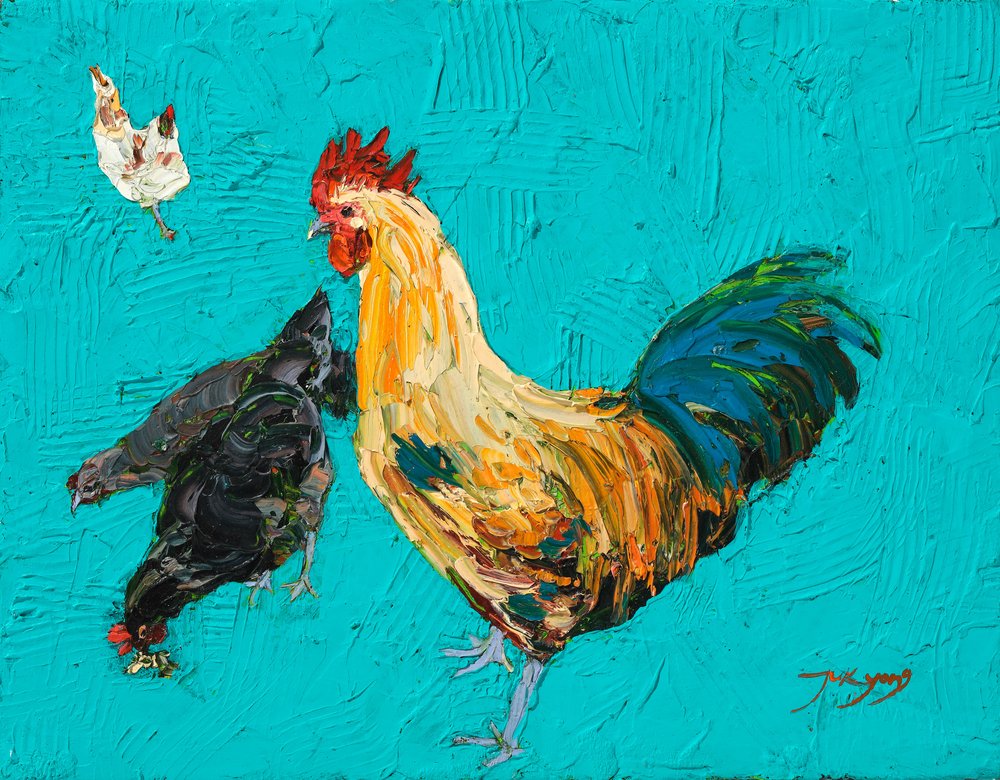 Vibrant Rooster and Hens by Jukyong Park