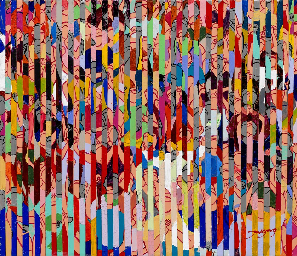 Vibrant Striped Crowd by Jukyong Park