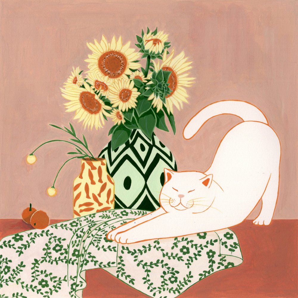 Happy Cat Sunflowers by Julie Lesouef