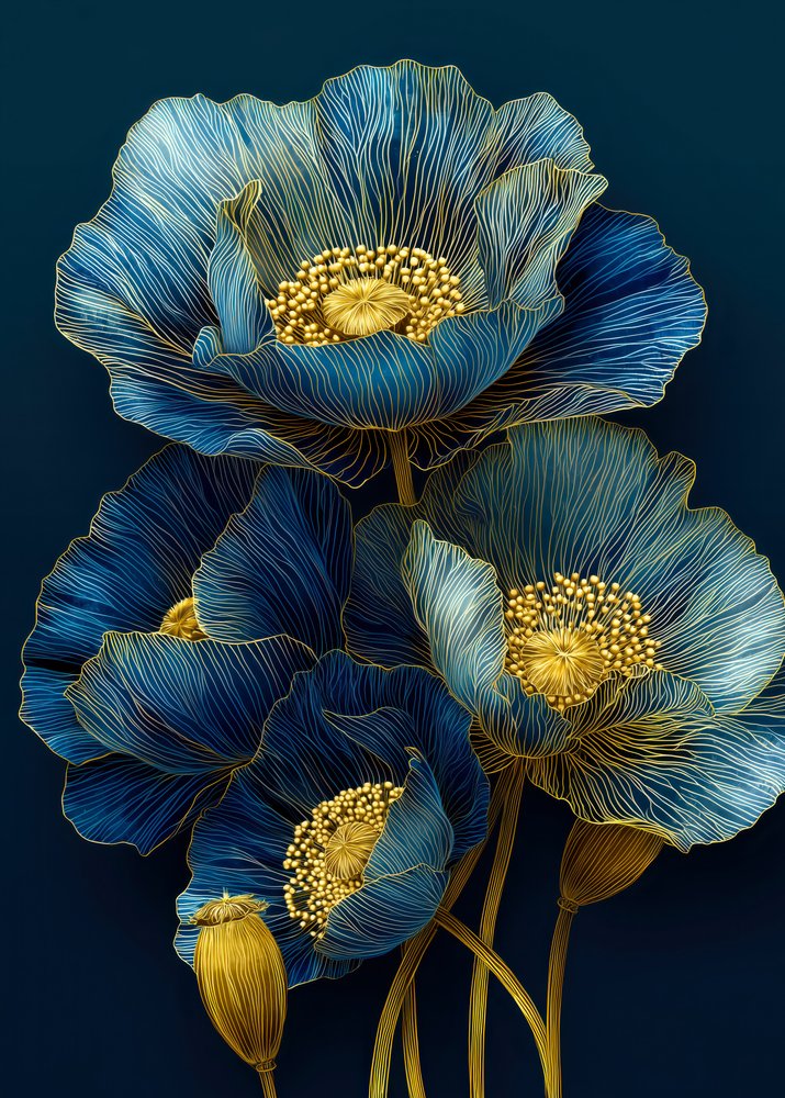 Golden Blue Poppies by Justyna Jaszke