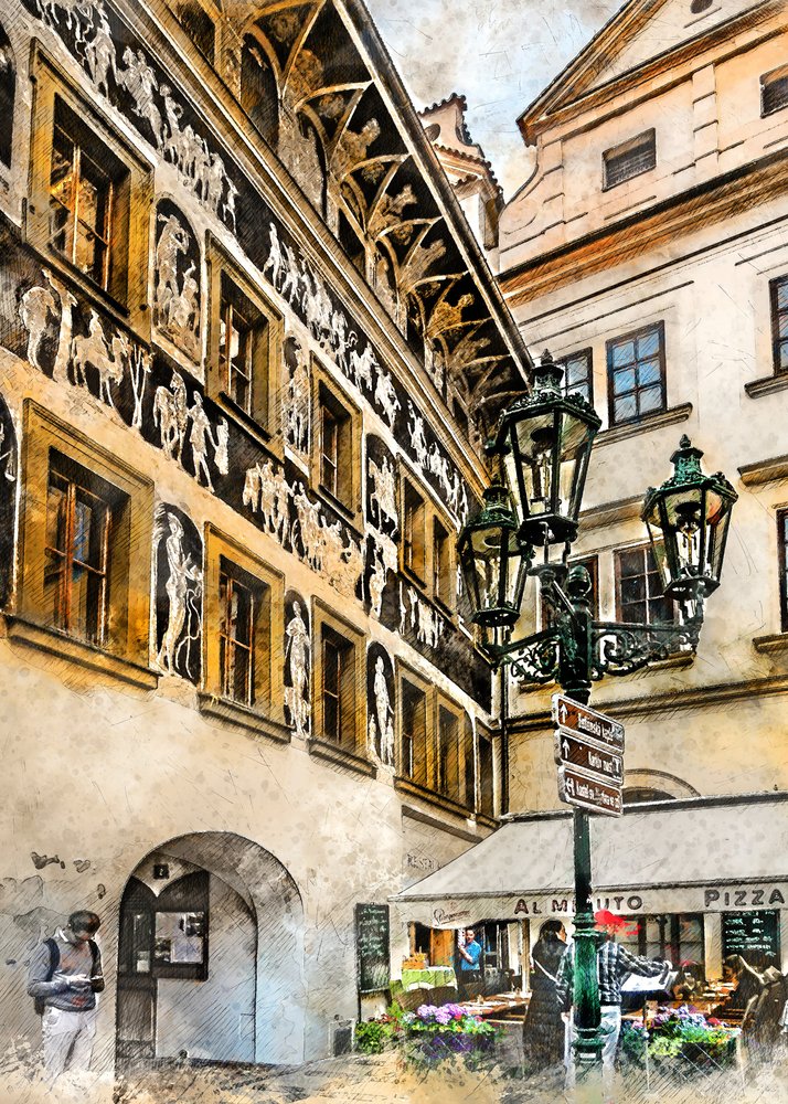Prague Sgraffito Street Scene by Justyna Jaszke