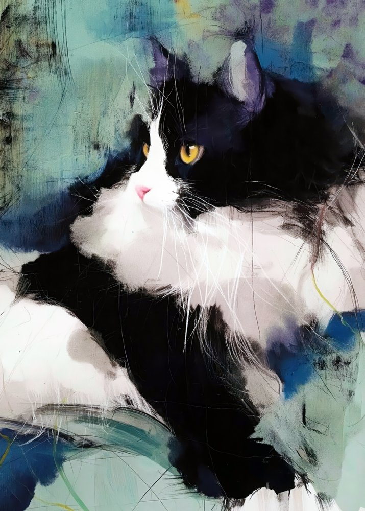 Vibrant Tuxedo Cat Portrait by Justyna Jaszke