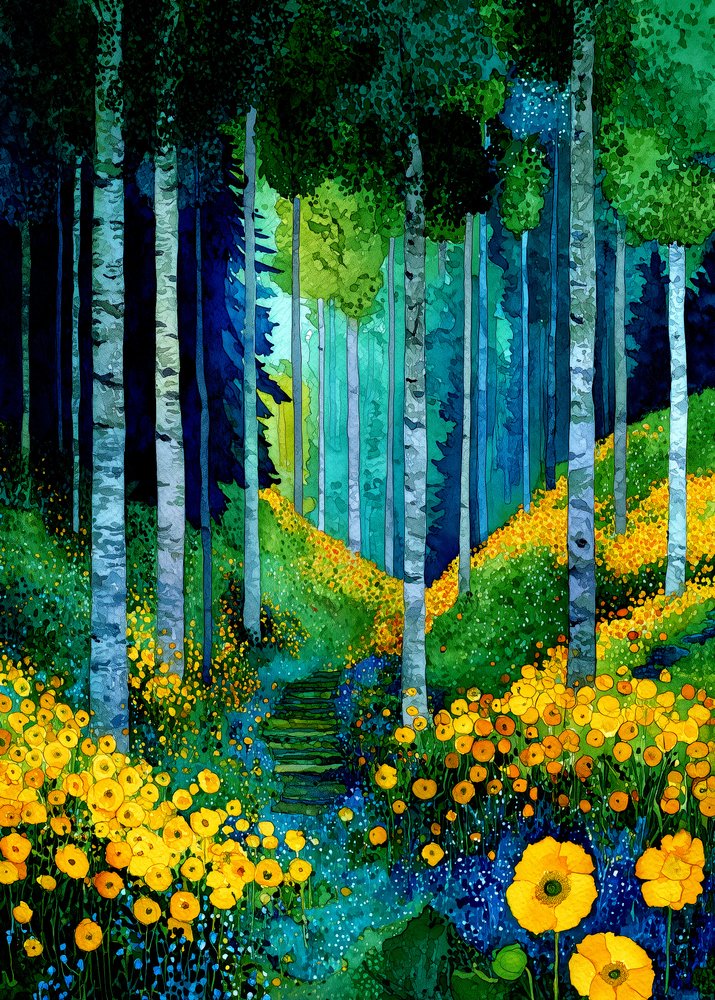 Yellow Flower Forest Path by Justyna Jaszke