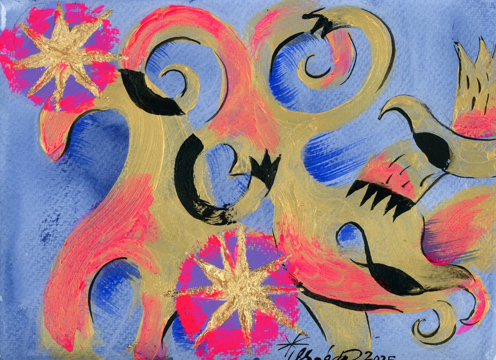 Golden Swirls Fantasy Birds by Kanat Ibragimov