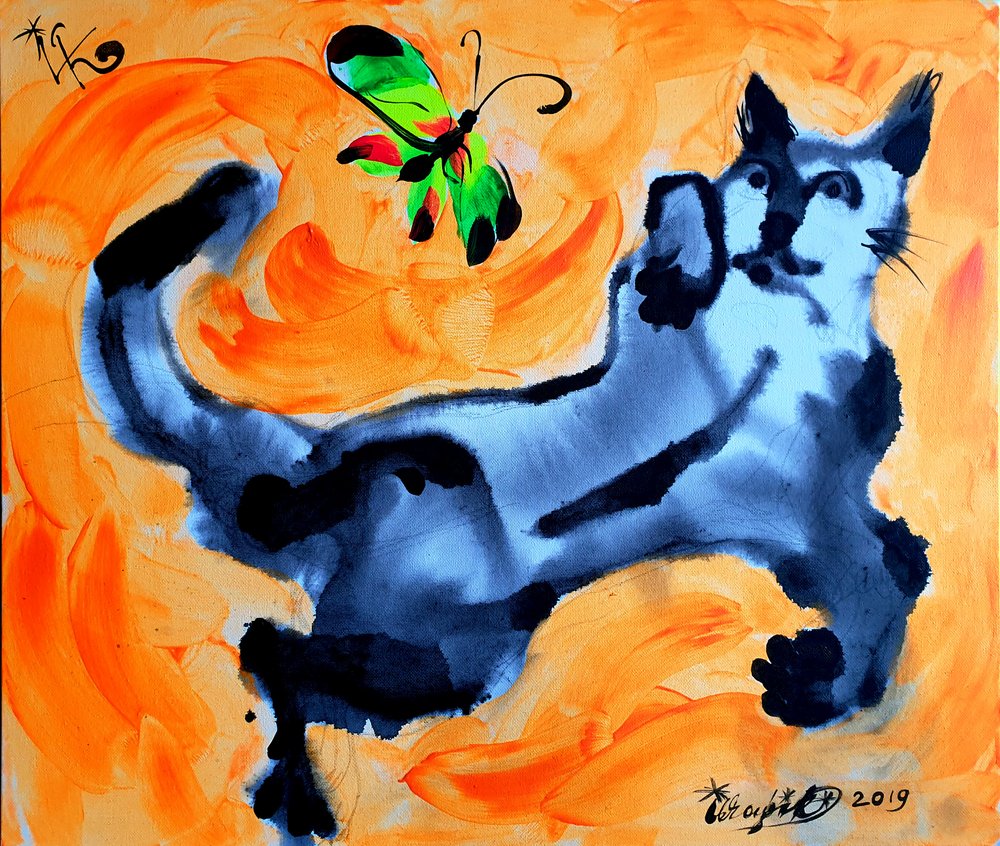 Playful Cat and Butterfly by Kanat Ibragimov