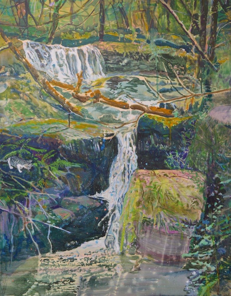 Forest Waterfall With Cat by Karin Bos