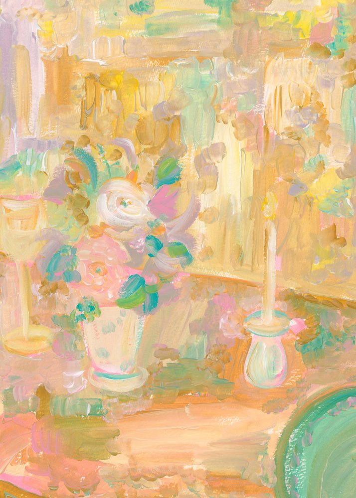 Impressionist Painting of Flowers and Candle by Katharina Puritscher