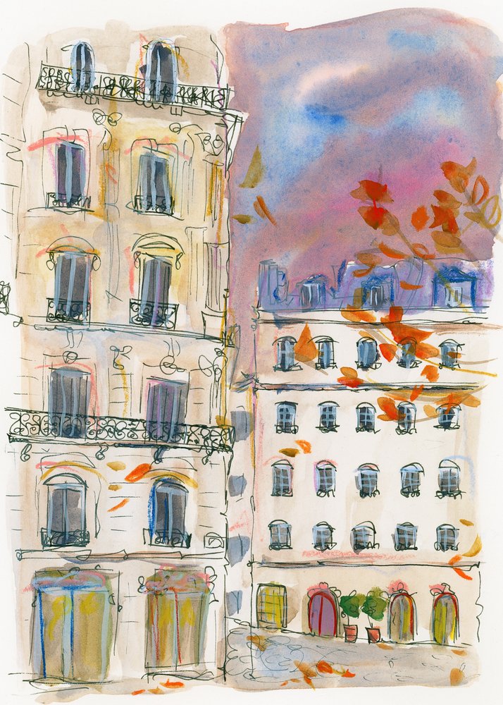 Paris Street Corner with Purple Sky by Katharina Puritscher
