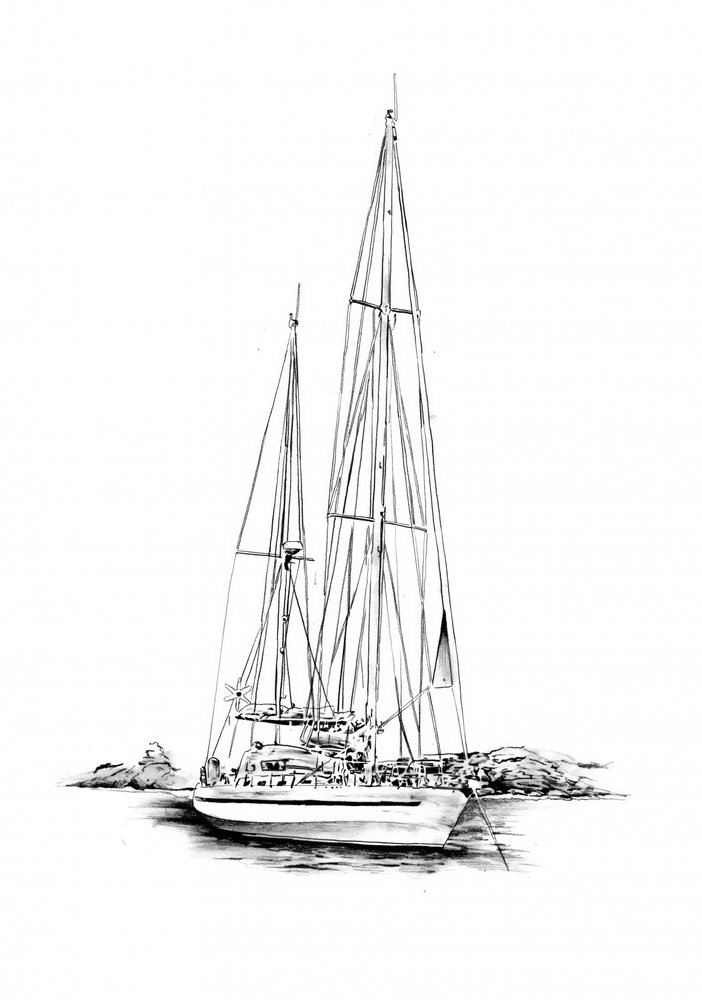 Anchored Sailboat Sketch by Kulik