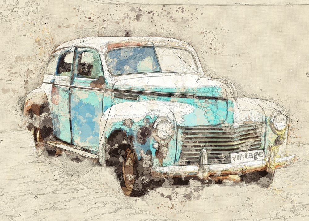 Rustic Blue Vintage Car by Lembayung senja studio [Vintage Poster]