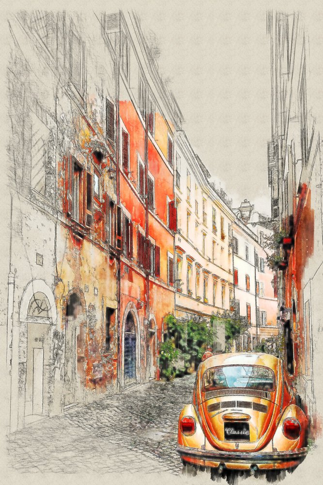 Vintage Car City Sketch by Lembayung senja studio [Vintage Poster]
