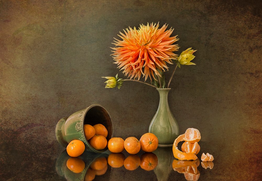 Autumn Dahlia and Tangerines by Lydia Jacobs