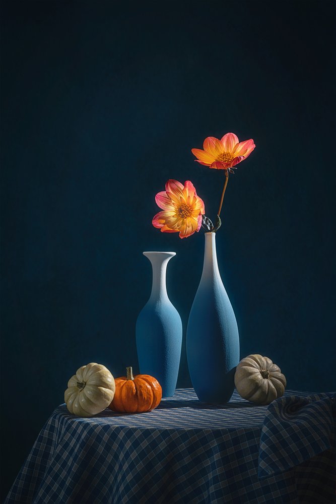 Autumn Dahlias Blue Vases by Lydia Jacobs