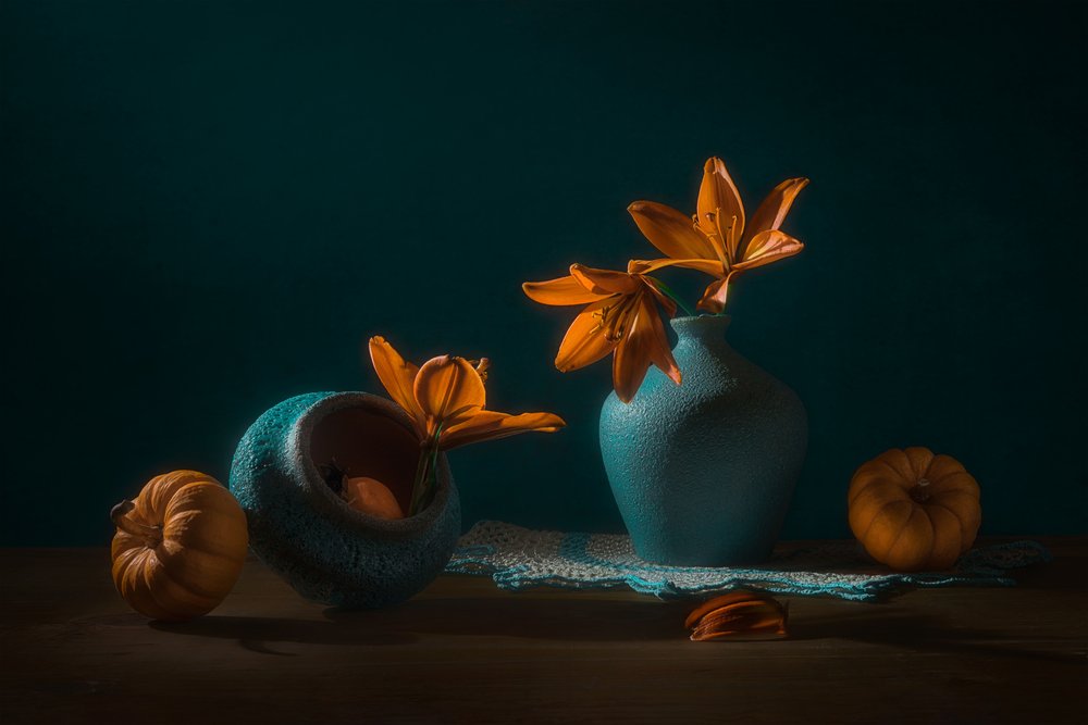 Autumn Lilies and Pumpkins by Lydia Jacobs