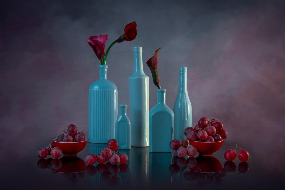 Bottles Grapes and Lilies by Lydia Jacobs