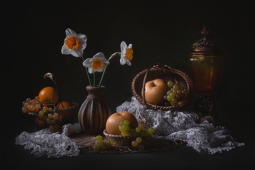 Daffodils Fruit Still Life by Lydia Jacobs