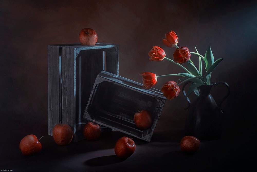 Dark Floral Fruit Still Life by Lydia Jacobs
