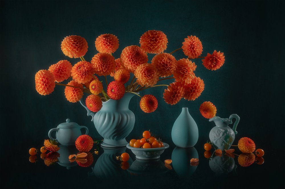 Orange Dahlias Still Life by Lydia Jacobs