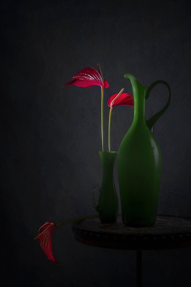 Red Anthuriums Green Vases by Lydia Jacobs