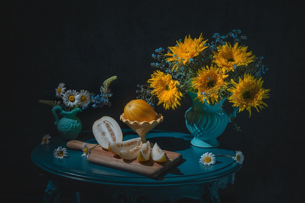 Vibrant Sunflowers and Melon by Lydia Jacobs