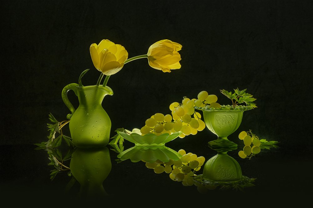 Yellow Tulips Green Grapes by Lydia Jacobs