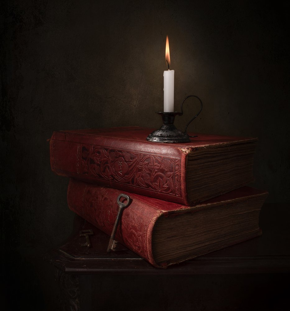 Candlelit Books and Key by Margareth Perfoncio