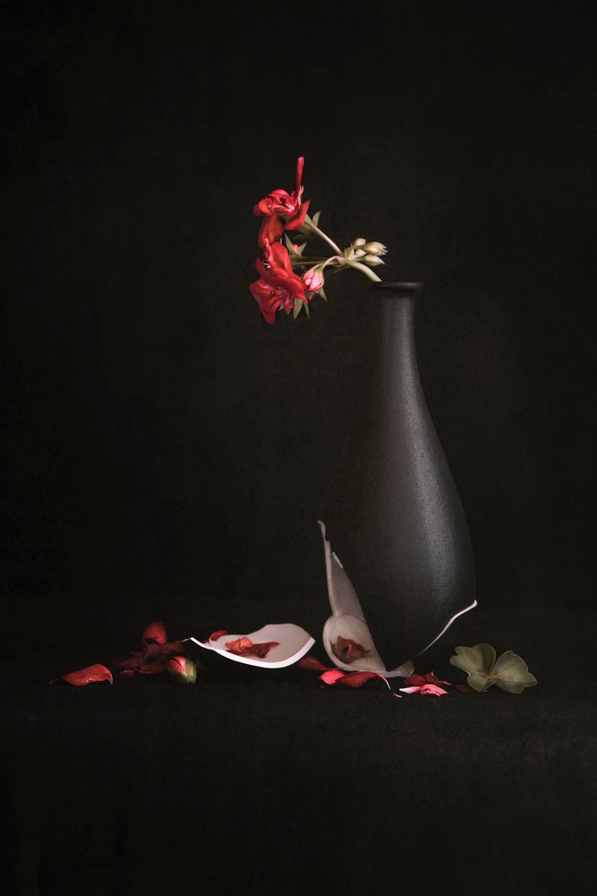 Broken Vase Red Flowers by Martine Benezech