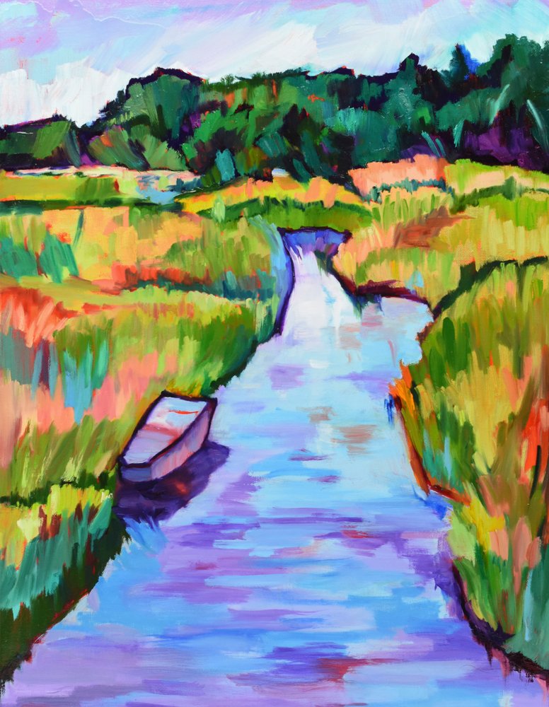 Colorful Marsh River Boat by Maxine Shore