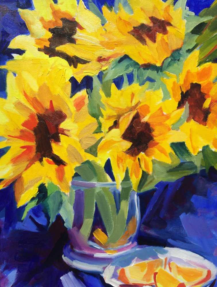 Golden Sunflowers in Vase by Maxine Shore