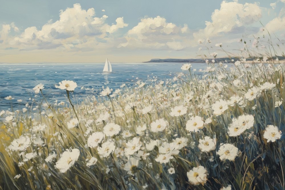 White Flowers Sailboat Coast by Melloi Art Prints