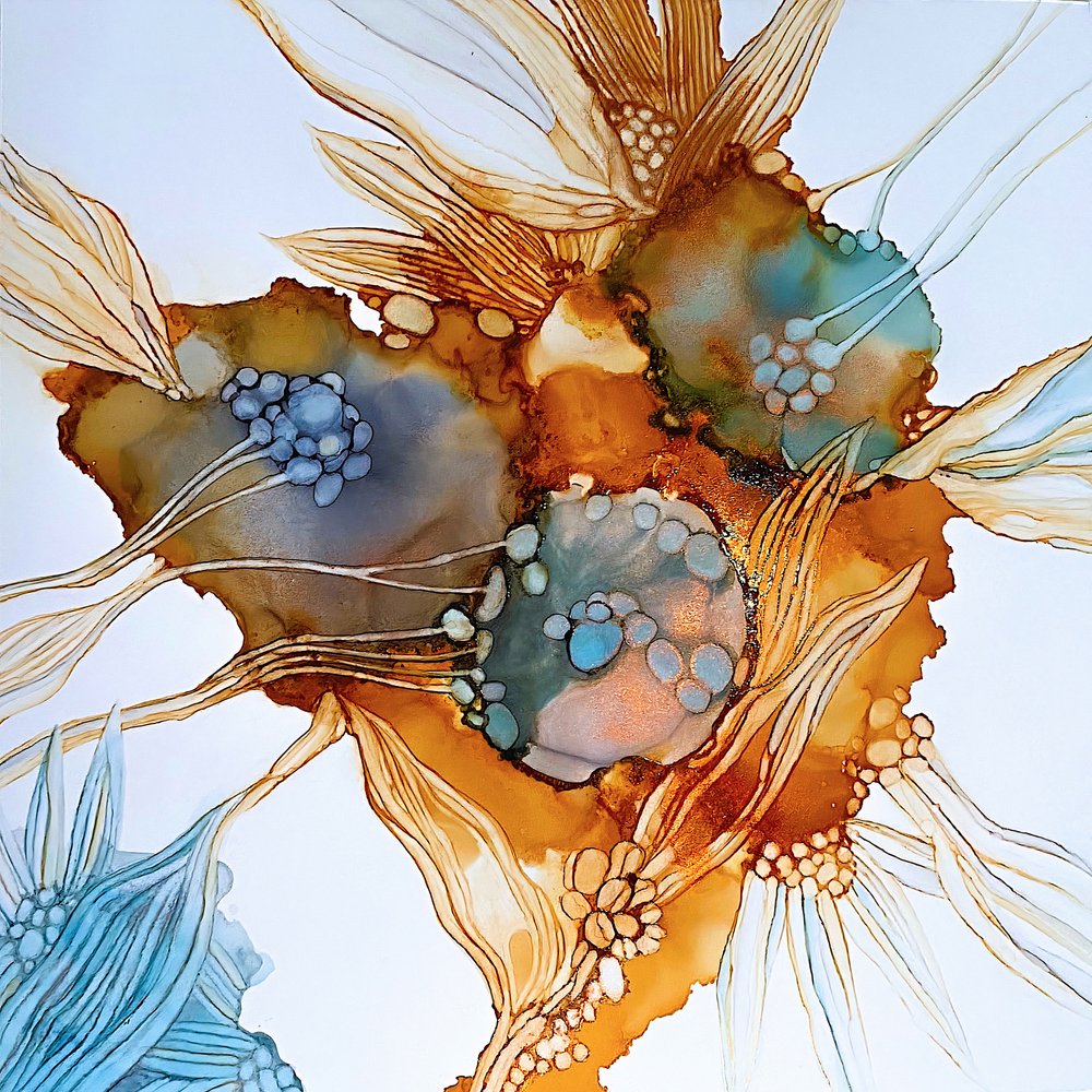Golden Blue Blooms by Mishel Schwartz