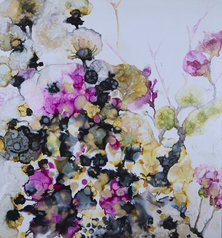 Pink Gold Abstract Blooms by Mishel Schwartz